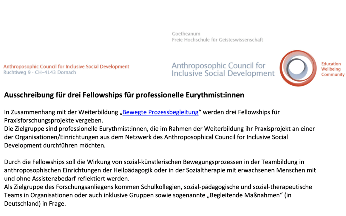 Ausschreibung: Fellowship Praxisforschung im Rahmen der Weiterbildung “Bewegte Prozessbegleitung” für Eurythmist:innen