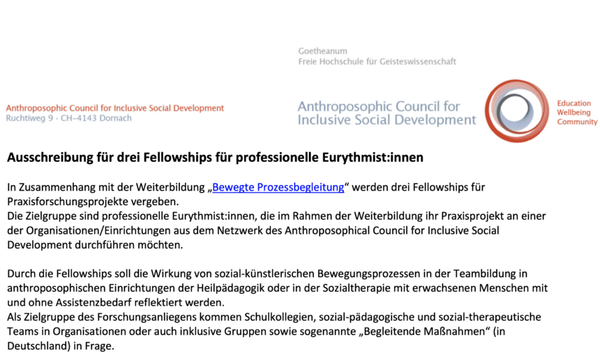 Ausschreibung: Fellowship Praxisforschung im Rahmen der Weiterbildung “Bewegte Prozessbegleitung” für Eurythmist:innen